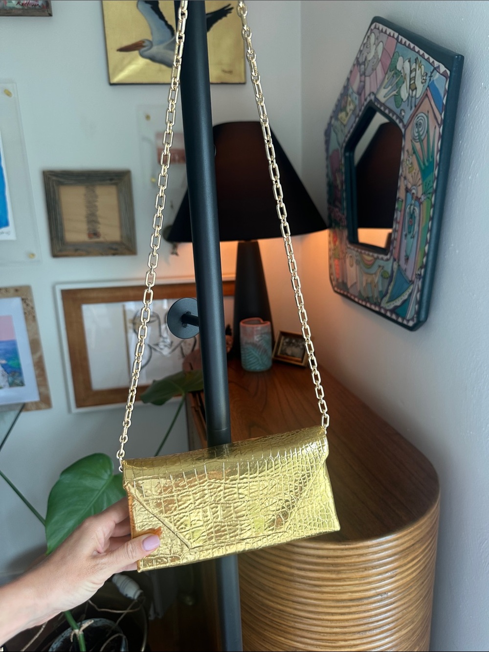 Zara Gold Croc-Embossed Chain Shoulder Clutch